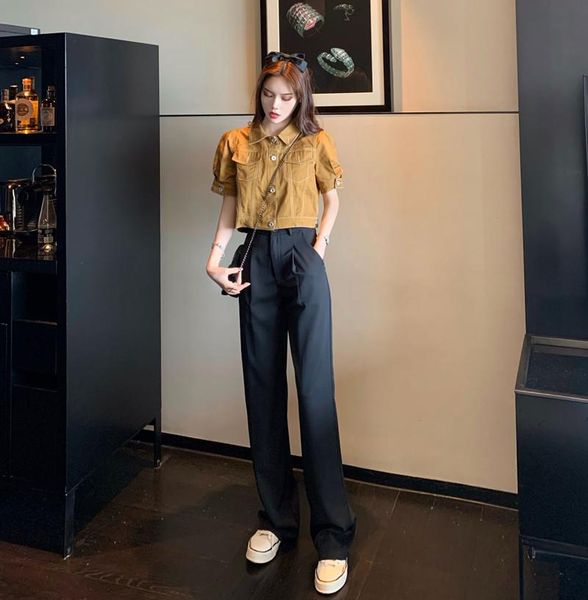 women's pants & capris fashion denim short + high waist mopping loose wide leg two-piece set, Black;white
women's pants & capris fashion denim short + high waist mopping loose wide leg two-piece set, Black;white