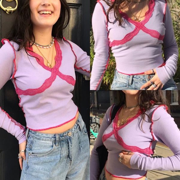 women's t-shirt sweet style crop long sleeve v neck lace patchwork slim fitting spring casual daily wear shirt clothes, White
women's t-shirt sweet style crop long sleeve v neck lace patchwork slim fitting spring casual daily wear shirt clothes, White