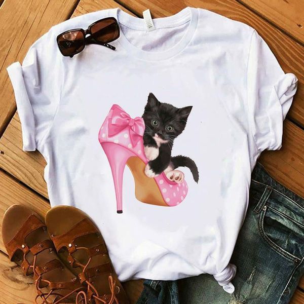 summer women funny high heels cat printed ulzzang print korean streetwear style harajuku aesthetic kawaii tshirt, White 
summer women funny high heels cat printed ulzzang print korean streetwear style harajuku aesthetic kawaii tshirt, White