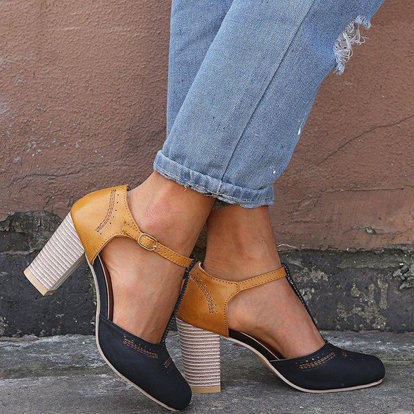 dress shoes mixed colors retro fashion square heel pumps for women high pu shallow buckle ladies office lady summer single, Black 
dress shoes mixed colors retro fashion square heel pumps for women high pu shallow buckle ladies office lady summer single, Black