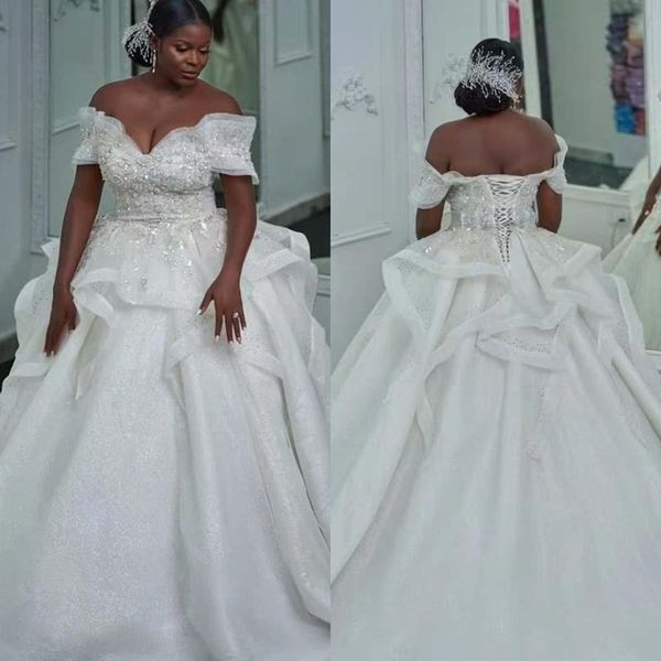 african plus size wedding dresses bridal gown luxury beaded crystals off the shoulder tiered skirt chapel train custom made vestidos de novi, White
african plus size wedding dresses bridal gown luxury beaded crystals off the shoulder tiered skirt chapel train custom made vestidos de novi, White