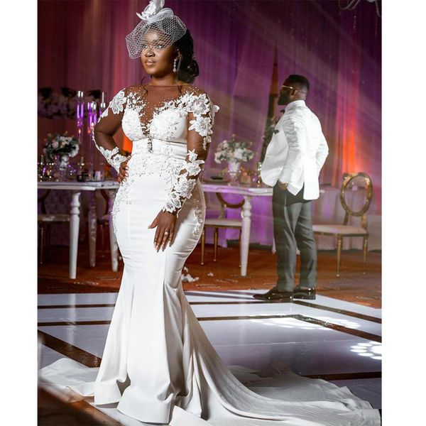 plus size mermaid 2021 satin wedding dresses bridal gowns long sleeve beaded crystal lace appliqued court train robe de mariée, White
plus size mermaid 2021 satin wedding dresses bridal gowns long sleeve beaded crystal lace appliqued court train robe de mariée, White