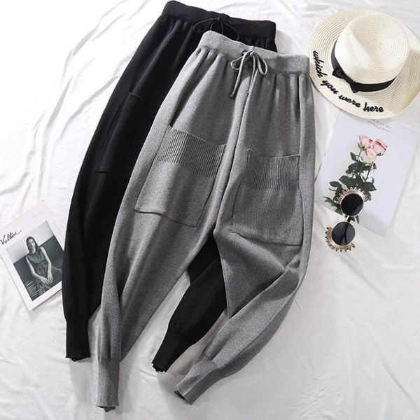 women's pants & capris knitted solid pockets high waist harem women 2021 autumn winter drawstring pantalones casual de mujer s1415, Black;white
women's pants & capris knitted solid pockets high waist harem women 2021 autumn winter drawstring pantalones casual de mujer s1415, Black;white