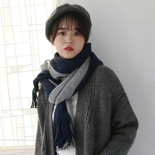 medium length cashmere like knitted scarf for women's winter 2019 new japanese and korean solid tassel shawl, Blue;gray 
medium length cashmere like knitted scarf for women's winter 2019 new japanese and korean solid tassel shawl, Blue;gray