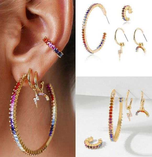 hoop & huggie 4pcs/set trendy sparkling rainbow baguette cz cubic zirconia rhinestone crystal circle earrings set for women bridal, Golden;silver