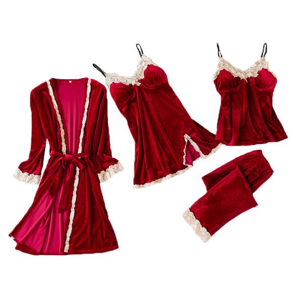 new gold velvet 4 pieces warm winter pajamas sets women lace robe pajamas sleepwear kit sleeveless nightwear, Black;red
new gold velvet 4 pieces warm winter pajamas sets women lace robe pajamas sleepwear kit sleeveless nightwear, Black;red