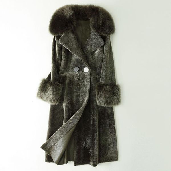 women's leather & faux fur collar coat with medium and long, Black