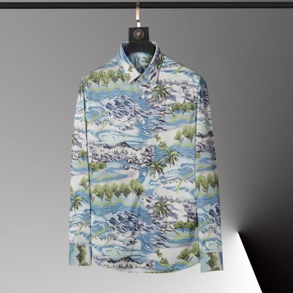 men's casual shirts luxury waves allover printing long mouwen gentlemen dress fashion slim fit party man, White;black