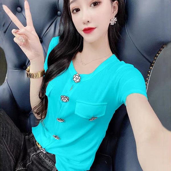 women's t-shirt 2021 summer luxury design button short sleeve feminine foreign style slim top, White
women's t-shirt 2021 summer luxury design button short sleeve feminine foreign style slim top, White
