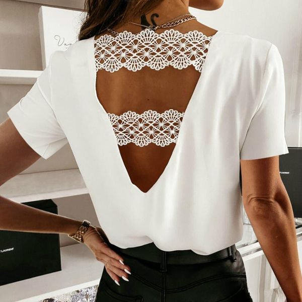 women's blouses & shirts lace backless v-neck elegant fashion women summer short sleeve trim pullover ol lady slim solid blouse, White
women's blouses & shirts lace backless v-neck elegant fashion women summer short sleeve trim pullover ol lady slim solid blouse, White