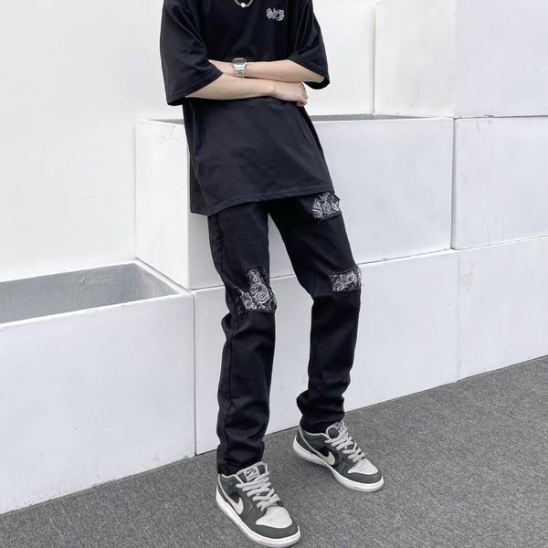 men's jeans icclek american retro cashew flower high street black ripped slim feet pants for men means, Blue
men's jeans icclek american retro cashew flower high street black ripped slim feet pants for men means, Blue