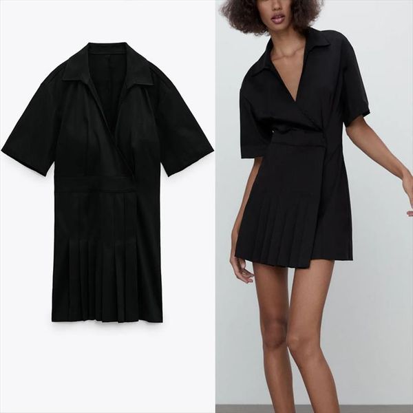 za summer black poplin women dresses wrap short sleeve pleated vintage party female chic side snap button vestidos, Black;gray
za summer black poplin women dresses wrap short sleeve pleated vintage party female chic side snap button vestidos, Black;gray