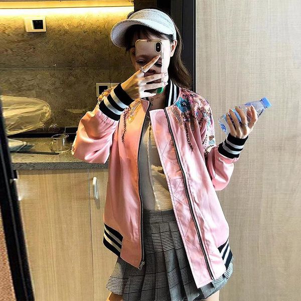 women's jackets short coat spring embroidered bright motorcycle jacket pink baseball fashion, Black;brown
women's jackets short coat spring embroidered bright motorcycle jacket pink baseball fashion, Black;brown