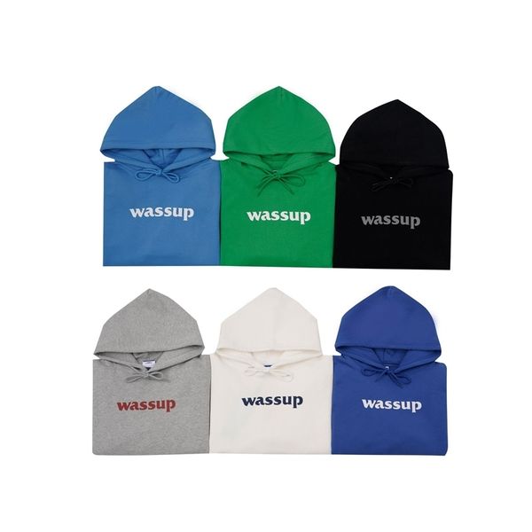 aw2021 wassup basic letter printed 6-color men's and women's plush hoodie, Black 
aw2021 wassup basic letter printed 6-color men's and women's plush hoodie, Black