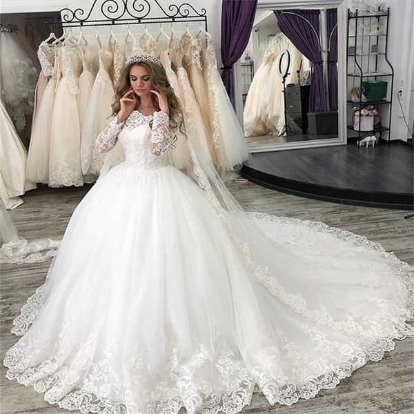 arabic long sleeves lace ball gown wedding dresses with appliques court train lace-up back tulle plus size bridal gowan vestidos de novia, White
arabic long sleeves lace ball gown wedding dresses with appliques court train lace-up back tulle plus size bridal gowan vestidos de novia, White