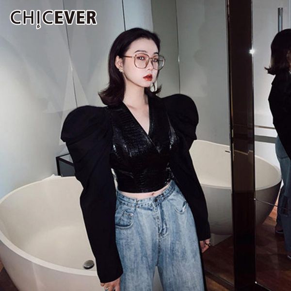 women's blouses & shirts chicever patchwork pu for women v neck puff long sleeve slim casual short vintage female 2021 autumn clothes t, White
women's blouses & shirts chicever patchwork pu for women v neck puff long sleeve slim casual short vintage female 2021 autumn clothes t, White