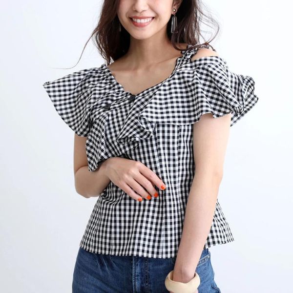 women's blouses & shirts asymmetrical off shoulder design blouse women sweet irregular ruffles patchwork summer chic elegant plaid, White
women's blouses & shirts asymmetrical off shoulder design blouse women sweet irregular ruffles patchwork summer chic elegant plaid, White