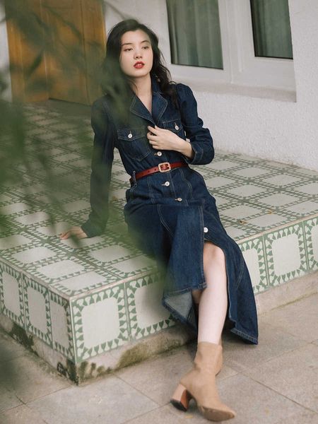 women's t-shirt autumn winter long sleeve jeans women vintage elegant notched collar single-breasted belted denim es ladies robe j, White
women's t-shirt autumn winter long sleeve jeans women vintage elegant notched collar single-breasted belted denim es ladies robe j, White