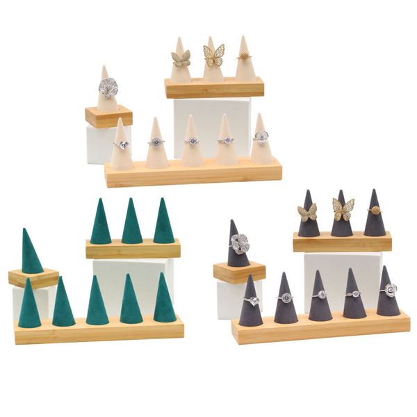 product name:ring display stand jewelry display stand ring holder ring holder display props green bamboo wood microfiber ring storage rack, Black