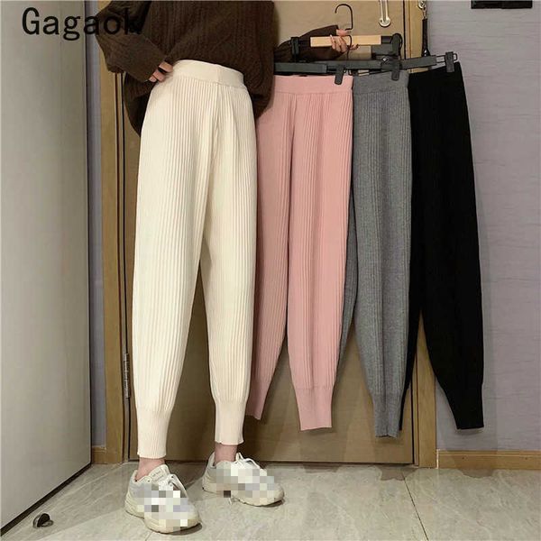 women knitted ankle-length pants spring autumn solid high elastic waist casual warm fashion harem 210531, Black;white 
women knitted ankle-length pants spring autumn solid high elastic waist casual warm fashion harem 210531, Black;white