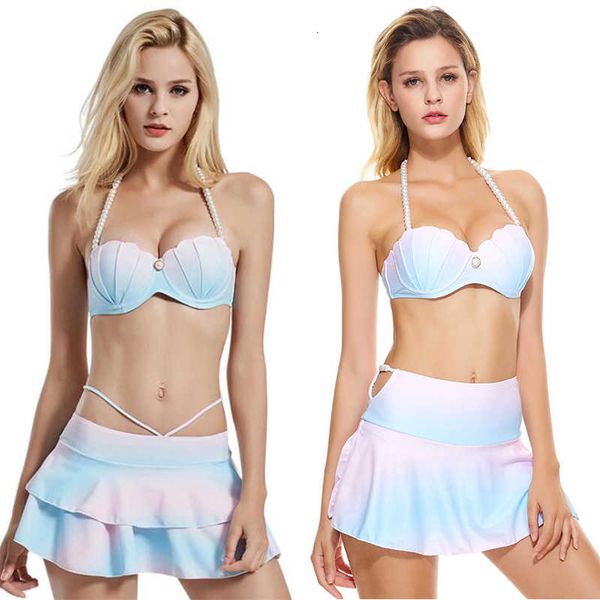 waist swim skirt mermaid shell bra high bikinis set push up swimwear women gradient ramp color swimsuit ruffle bathing suit tankin, White;black