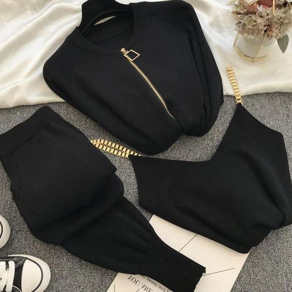 women's two piece pants autumn sweet temperament chain vest knitted coat + skinny elastic three - set, White
women's two piece pants autumn sweet temperament chain vest knitted coat + skinny elastic three - set, White