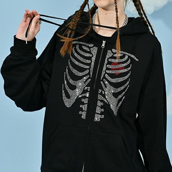 women's hoodies & sweatshirts women drilling skeleton heart pattern long sleeve cardigan with drawstring pocket loose streetwear gothic, Black
women's hoodies & sweatshirts women drilling skeleton heart pattern long sleeve cardigan with drawstring pocket loose streetwear gothic, Black