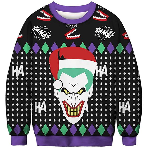 men's christmas 3d long sleeve sweater print cartoon christmas clown pattern costume, White;black
men's christmas 3d long sleeve sweater print cartoon christmas clown pattern costume, White;black