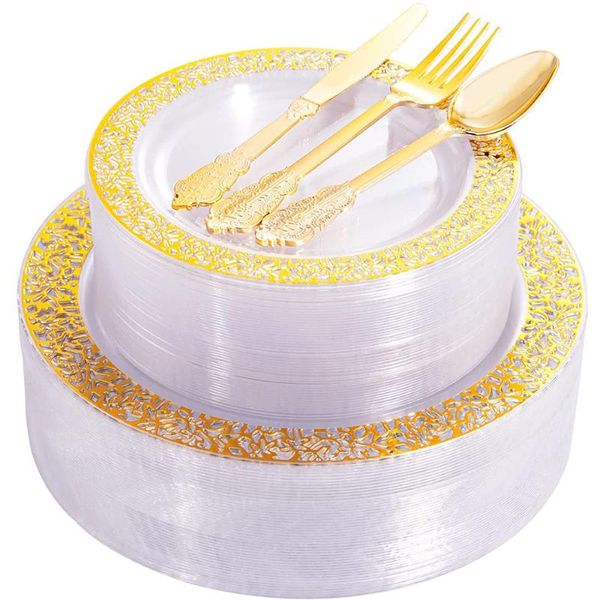 disposable dinnerware 50pcs tableware transparent golden hollow plastic plate silverware wedding birthday party decorations
disposable dinnerware 50pcs tableware transparent golden hollow plastic plate silverware wedding birthday party decorations
