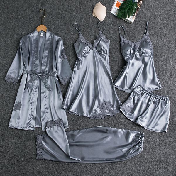 sleepwear female 5pcs pajamas set satin pyjamamas lace patchwork bridal wedding nightwear rayon home wear nighty&robe suit, White
sleepwear female 5pcs pajamas set satin pyjamamas lace patchwork bridal wedding nightwear rayon home wear nighty&robe suit, White