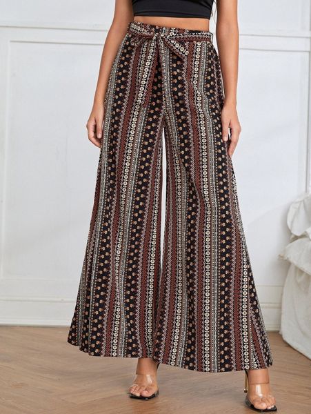 ditsy floral & geo print belted wide leg pants e5rk#, Black;white 
ditsy floral & geo print belted wide leg pants e5rk#, Black;white