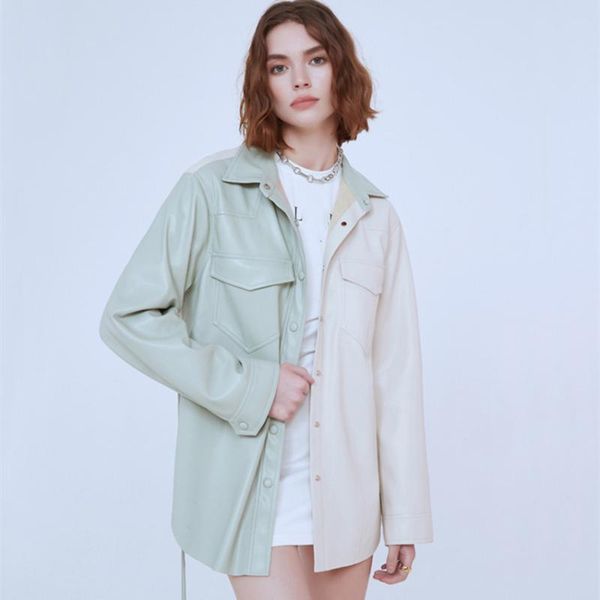 women's leather & faux contrast color patchwork pu shirt jacket casual full sleeve lace up loose long fashion coat autumn 2021, Black
women's leather & faux contrast color patchwork pu shirt jacket casual full sleeve lace up loose long fashion coat autumn 2021, Black