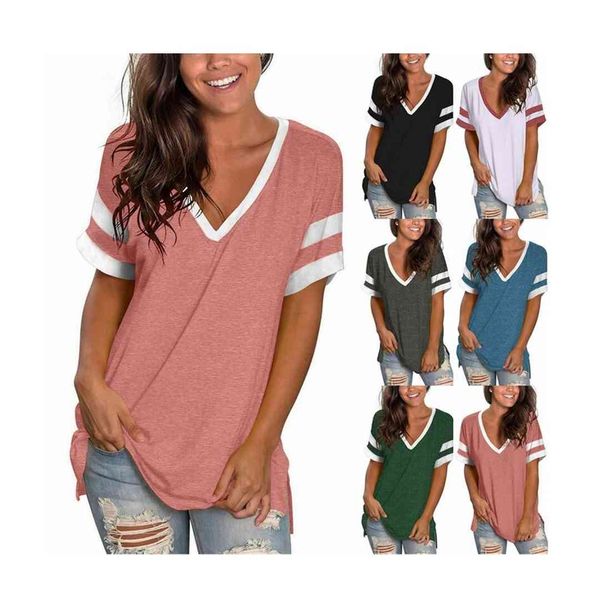 2021 women's clothing in spring and summer v-neck loose splicing short sleeve t-shirt, White