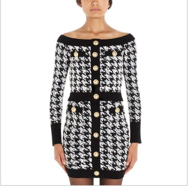 two piece dress winter style wool ladies long sleeve slah neck houndstooth fahion women's set and skirts, White
two piece dress winter style wool ladies long sleeve slah neck houndstooth fahion women's set and skirts, White