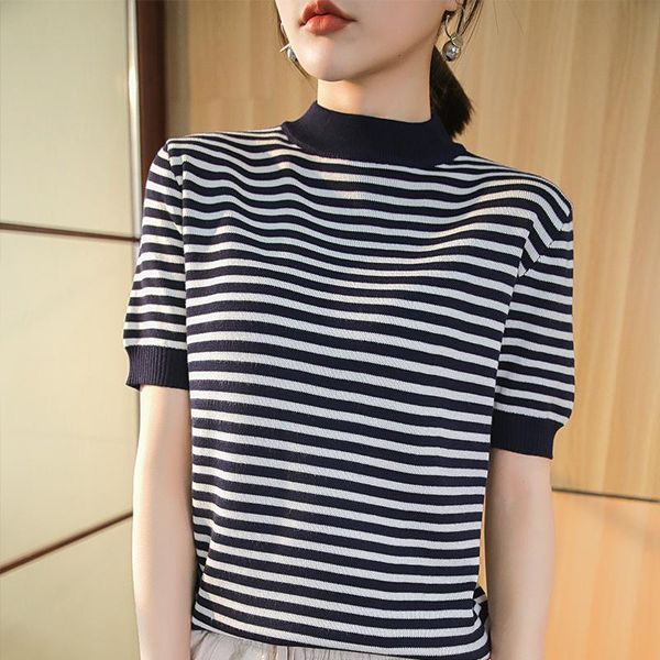 women's t-shirt short sleeves knitted tshirts half turtleneck pullover women thin stylish fashion casual summer female t-shirts, White
women's t-shirt short sleeves knitted tshirts half turtleneck pullover women thin stylish fashion casual summer female t-shirts, White