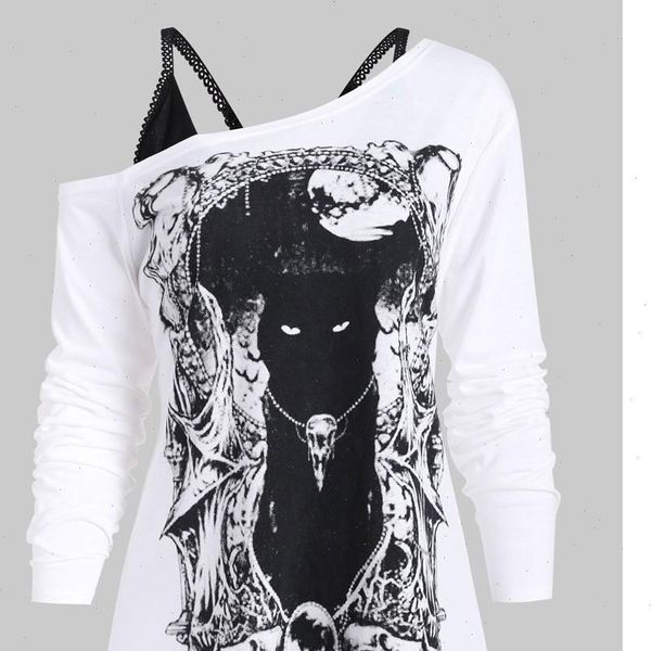 fashion blouse women shirt skew neck cold shoulder cartoon print gothic tee with cami women z4, White
fashion blouse women shirt skew neck cold shoulder cartoon print gothic tee with cami women z4, White