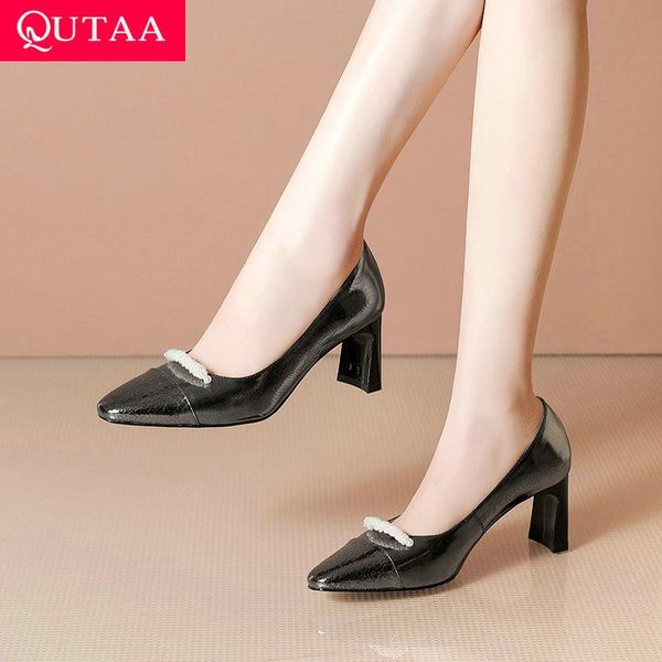 dress shoes qutaa 2021 fashion genuine leather women pumps string bead slip on square high heel pointed toe female size 34-42, Black
dress shoes qutaa 2021 fashion genuine leather women pumps string bead slip on square high heel pointed toe female size 34-42, Black