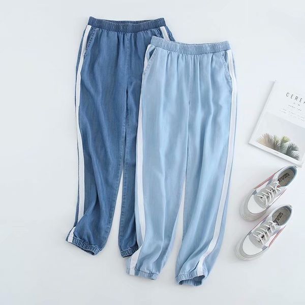 jeans m5081 - korean women's 2021 summer elastic waist bar tencel harem pants, Blue 
jeans m5081 - korean women's 2021 summer elastic waist bar tencel harem pants, Blue