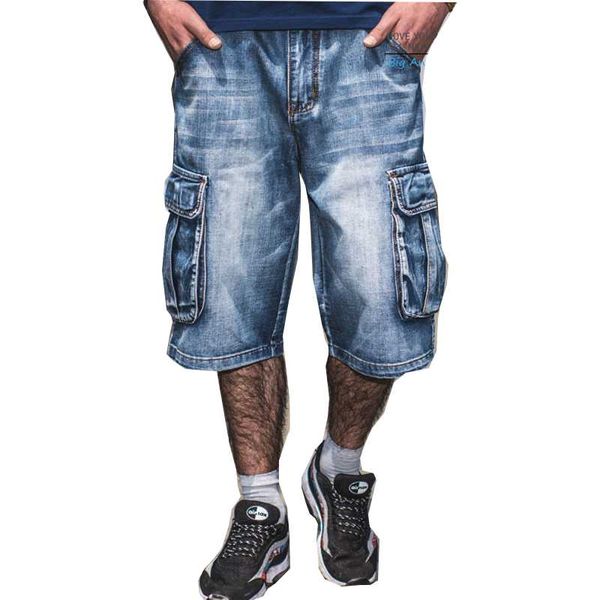 

men's jeans pantalones vaqueros con mÃºltiples bolsillos para hombre, cortos azules, ropa de calle, holgados, talla grande, 2021, Blue