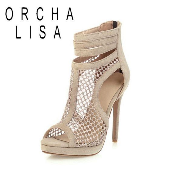 sandals orcha lisa 2021 summer cut-out women peep toe 12cm high thin heel slip-on zip flock stylish concise big size 33-50, Black