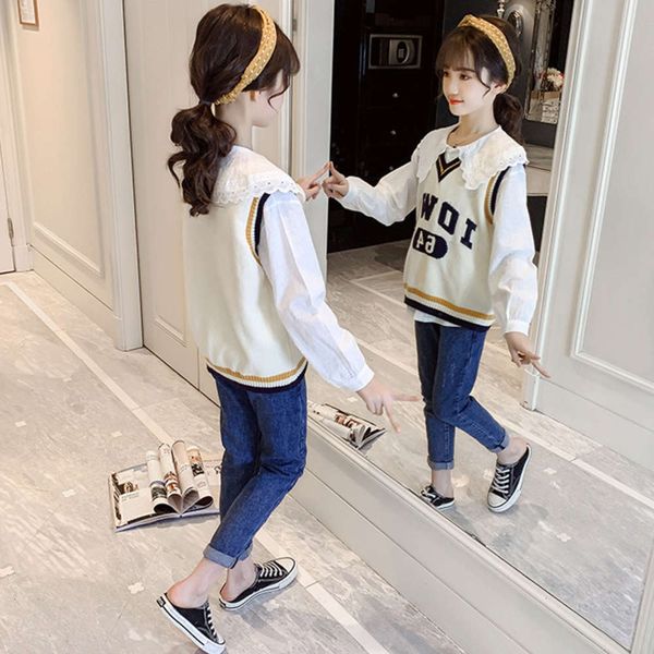 korean 2021 spring new girls' sweater vest three piece of children's jeans set, White
korean 2021 spring new girls' sweater vest three piece of children's jeans set, White