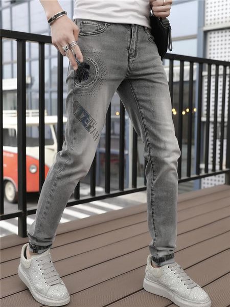 men's jeans spring 2021 personalized fashion brand versatile slim legged printing drill casual pants, Blue