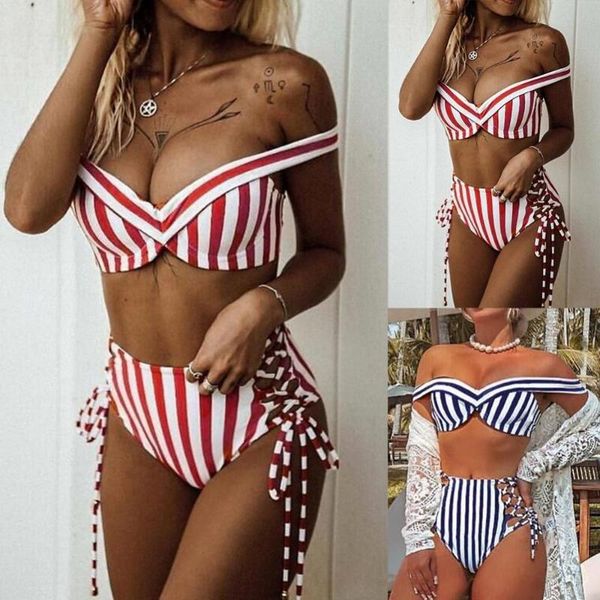 one-piece suits women off shoulder striped bandage high waist gather suit bikini set one-line two-piece swimsuit
one-piece suits women off shoulder striped bandage high waist gather suit bikini set one-line two-piece swimsuit