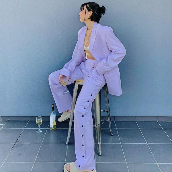 women's two piece pants streetwear purple tracksuit blazer and straight high waist side button suit pant set outfit female 2021, White
women's two piece pants streetwear purple tracksuit blazer and straight high waist side button suit pant set outfit female 2021, White