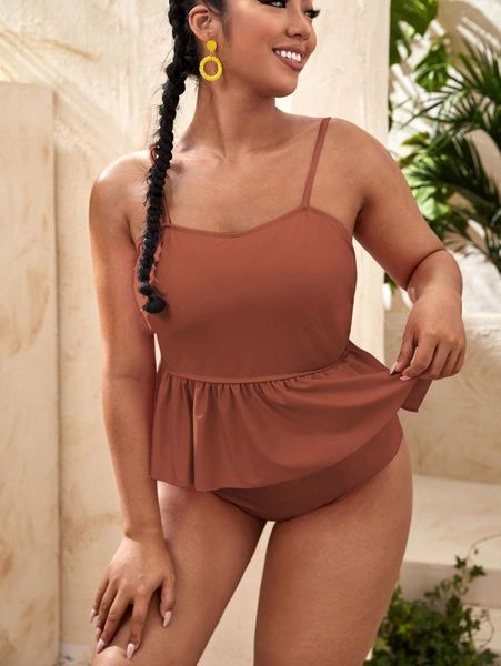 plus ruffle hem high waisted bikini swimsuit a1f2#, Black 
plus ruffle hem high waisted bikini swimsuit a1f2#, Black