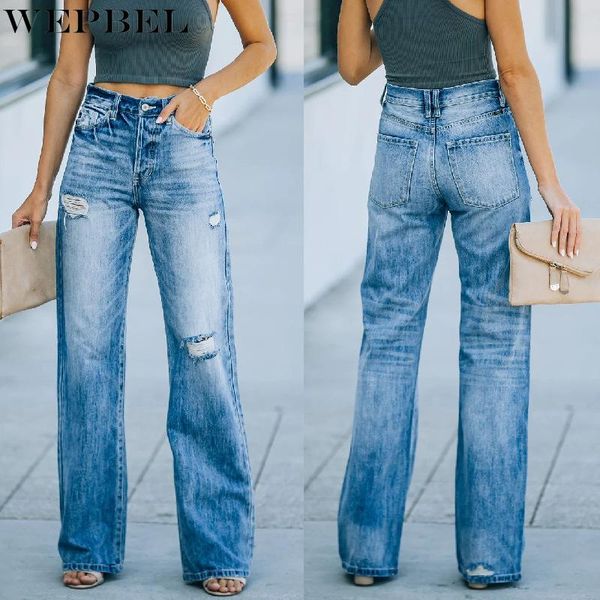 women's jeans wepbel women's casual solid color ripped summer fashion high waist button pocket wide-leg, Blue
women's jeans wepbel women's casual solid color ripped summer fashion high waist button pocket wide-leg, Blue