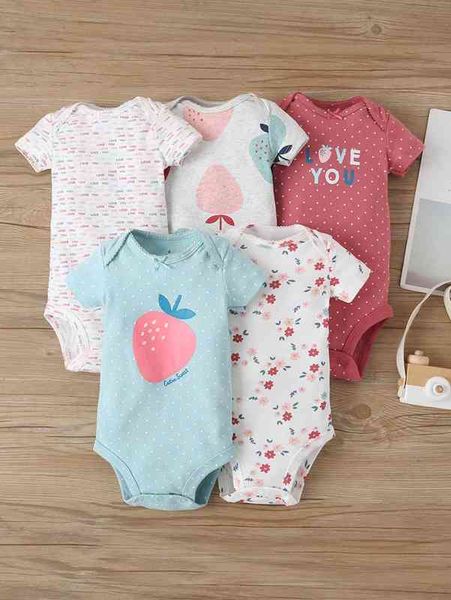 baby girl 5pcs letter & floral print bodysuit she, Blue