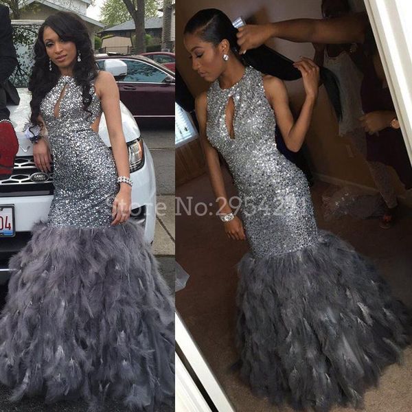 party dresses luxury grey feathers mermaid prom high neck open back crystals sequins evening gowns formal, White;black 
party dresses luxury grey feathers mermaid prom high neck open back crystals sequins evening gowns formal, White;black