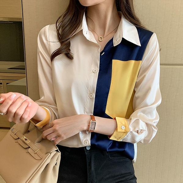 women's blouses & shirts fashion color matching shirt women 2021 spring autumn temperament lapel long sleeve vintage chiffon blouse, White
women's blouses & shirts fashion color matching shirt women 2021 spring autumn temperament lapel long sleeve vintage chiffon blouse, White