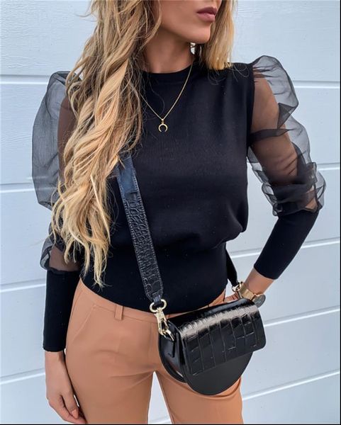 women lady mesh see through tulle ruffle shirt blouses outwear ol long puff sleeve o neck shirt bodycon loose casual blouse, White 
women lady mesh see through tulle ruffle shirt blouses outwear ol long puff sleeve o neck shirt bodycon loose casual blouse, White